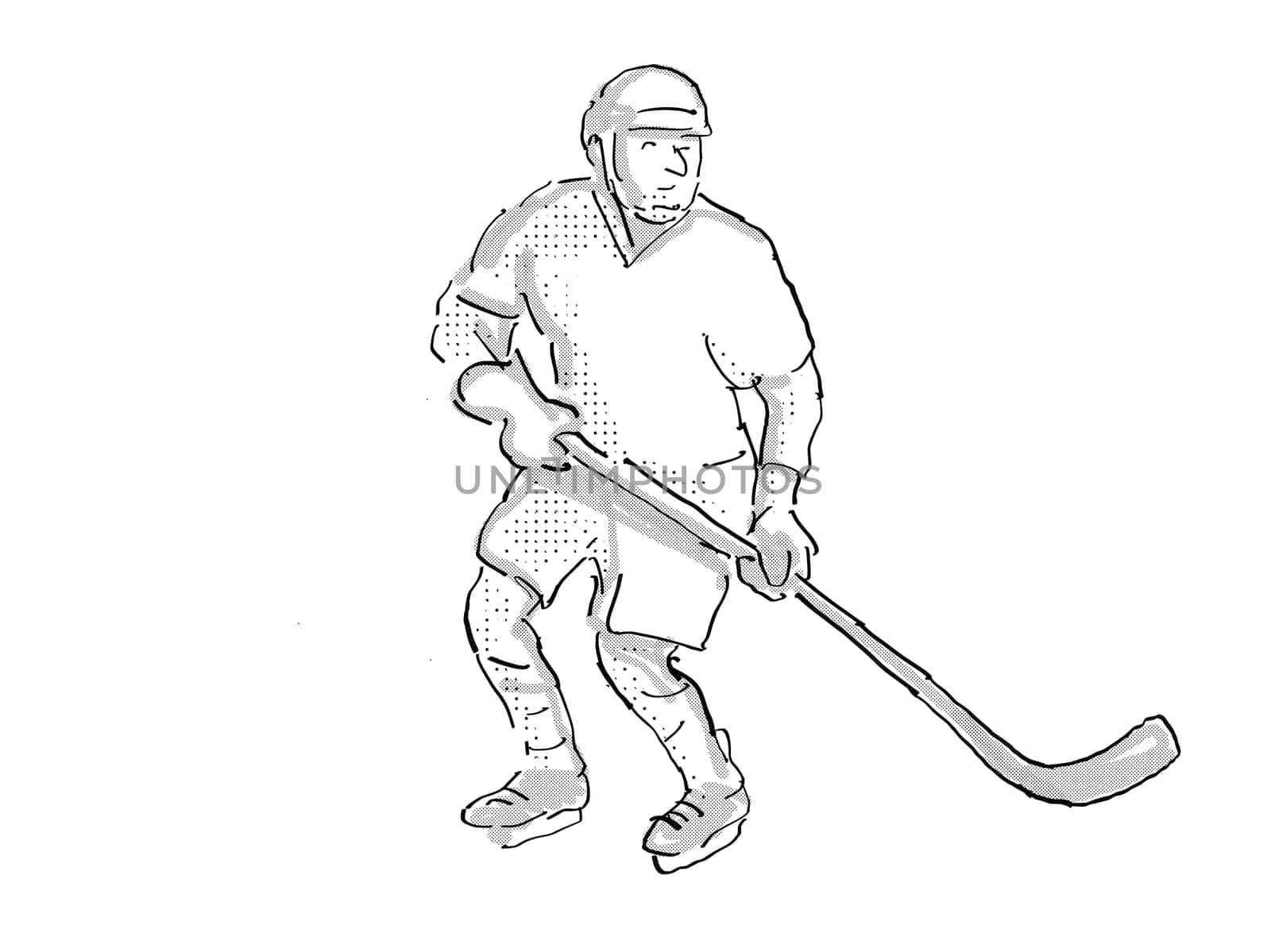 Cartoon style illustration of an ice hockey player in action pose on isolated white background done in retro black and white.