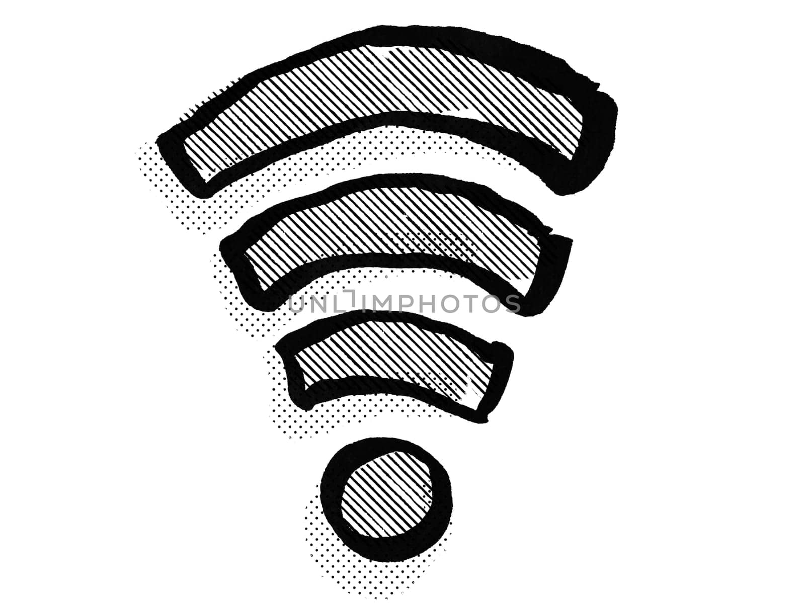 Retro cartoon style drawing of a wifi internet connection symbol icon on isolated white background done in black and white