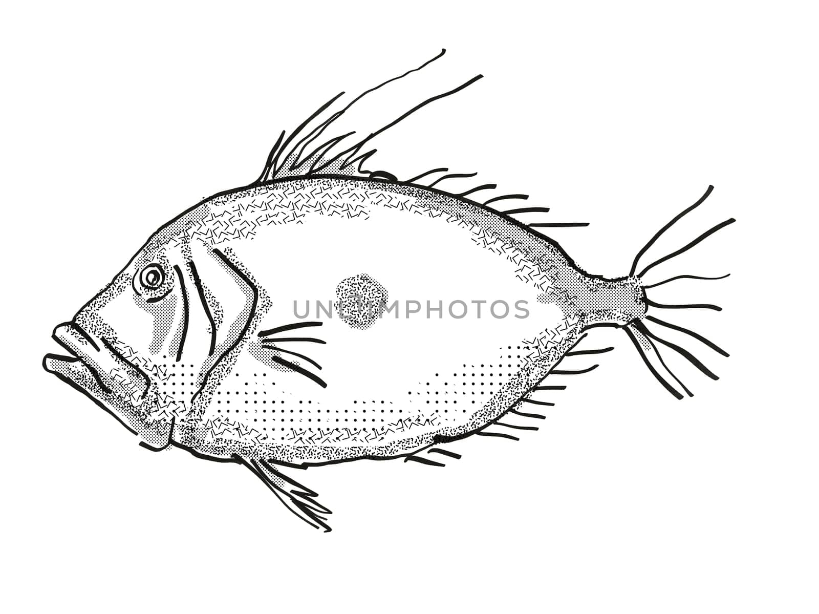 Retro cartoon style drawing of a John Dory, a native New Zealand marine life species viewed from side on isolated white background done in black and white