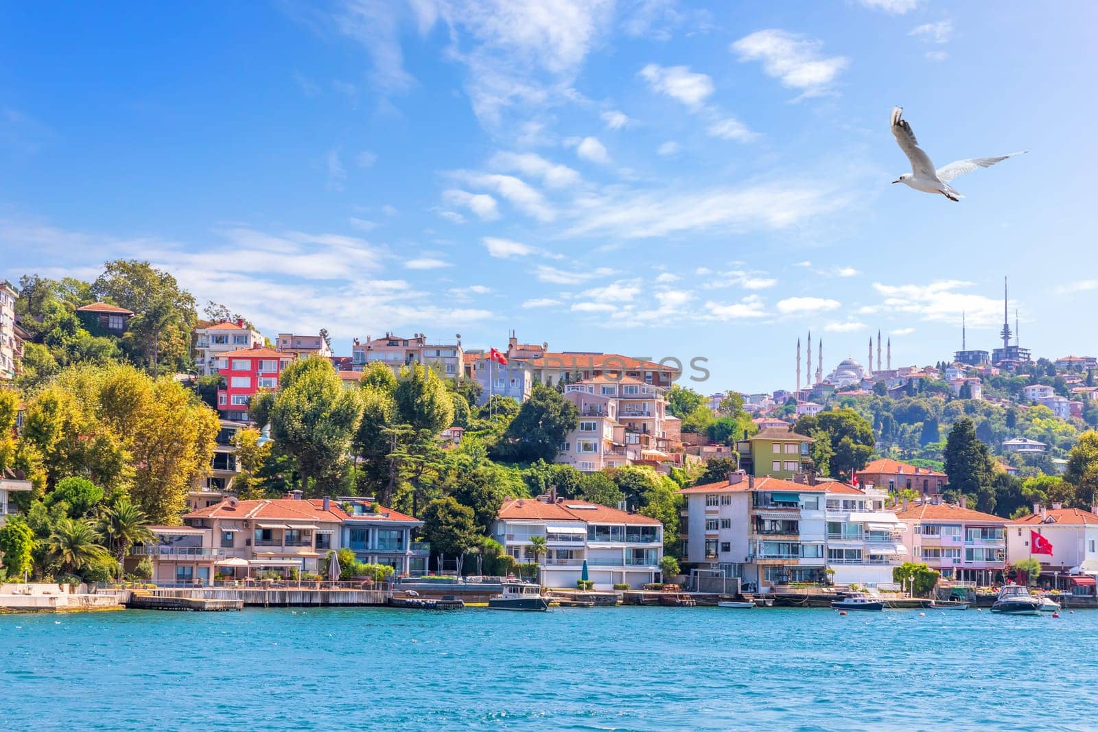Asian part of Istanbul with Camlica Mosque on the hill, view from the Bosphorus, Istanbul.