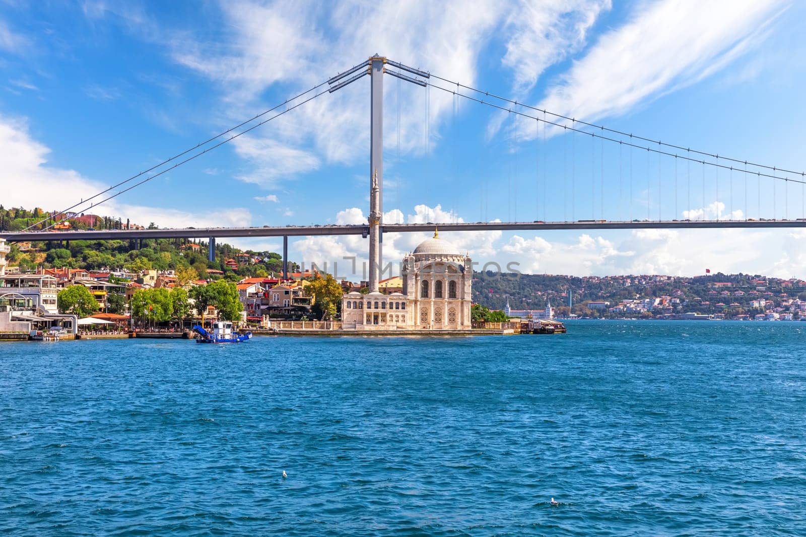 Ortakoy Mosque and the Bosphorus Bridge, view from the ferry, Istanbul, Turkey.