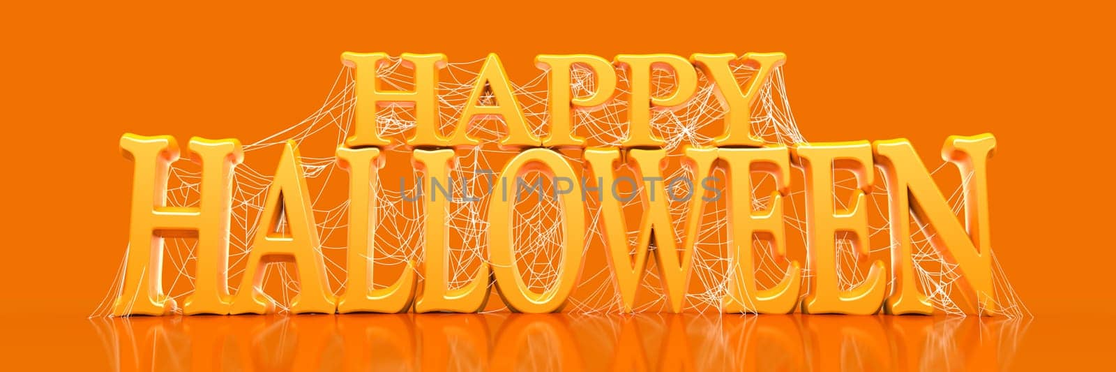 Orange Happy Halloween text covered in spooky spider webs banner - 3d render