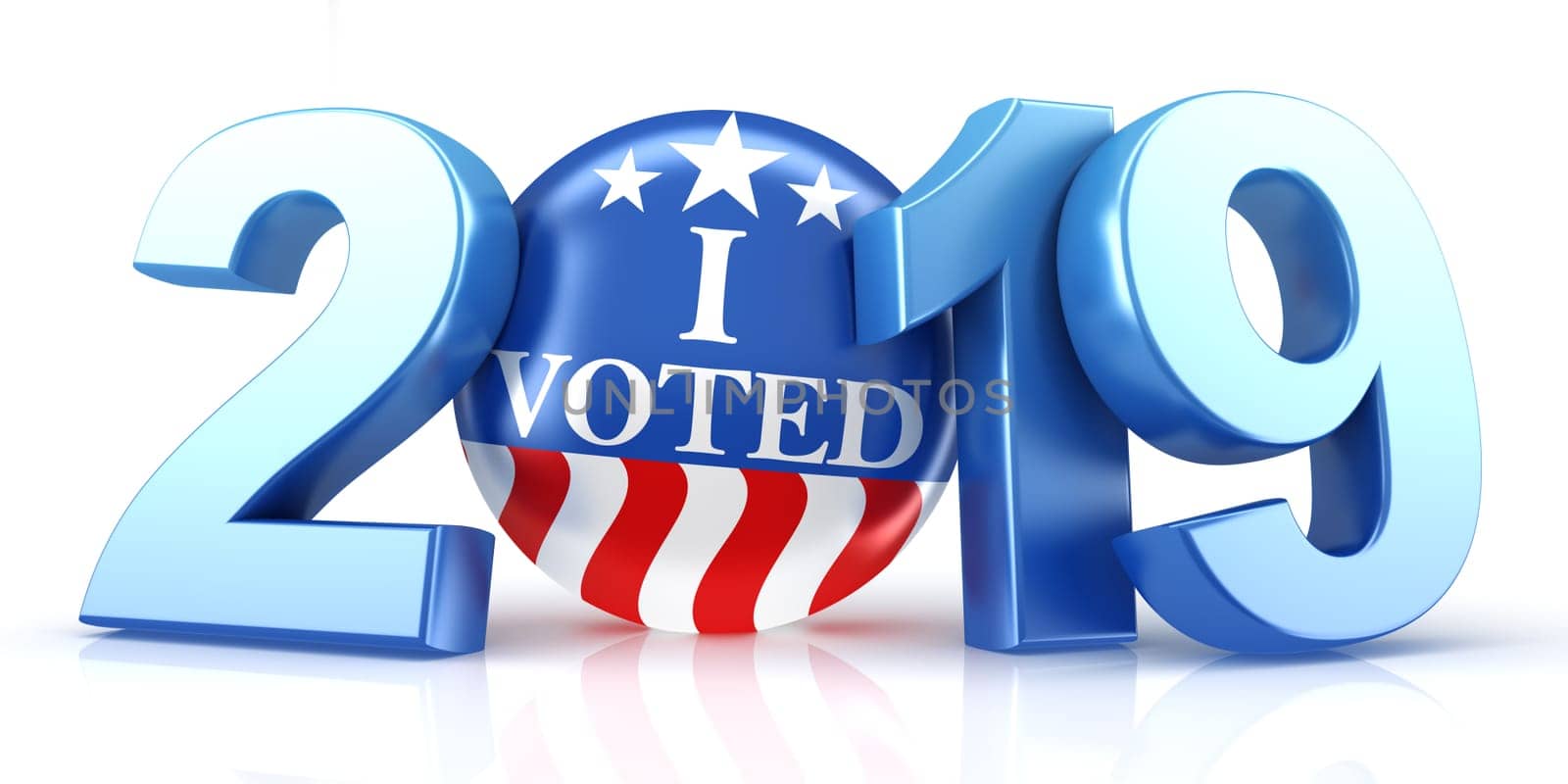 Vote 2019. Red, white, and blue voting pin in 2019 with I Voted text. 3d render.