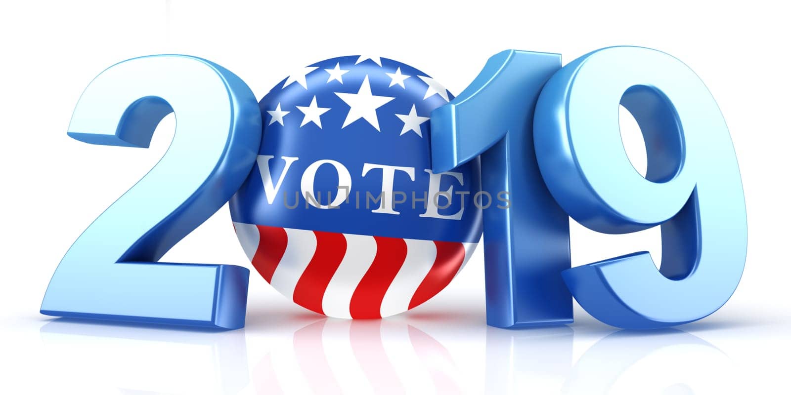 Vote 2019. Red, white, and blue voting pin in 2019 with Vote text. 3d render.