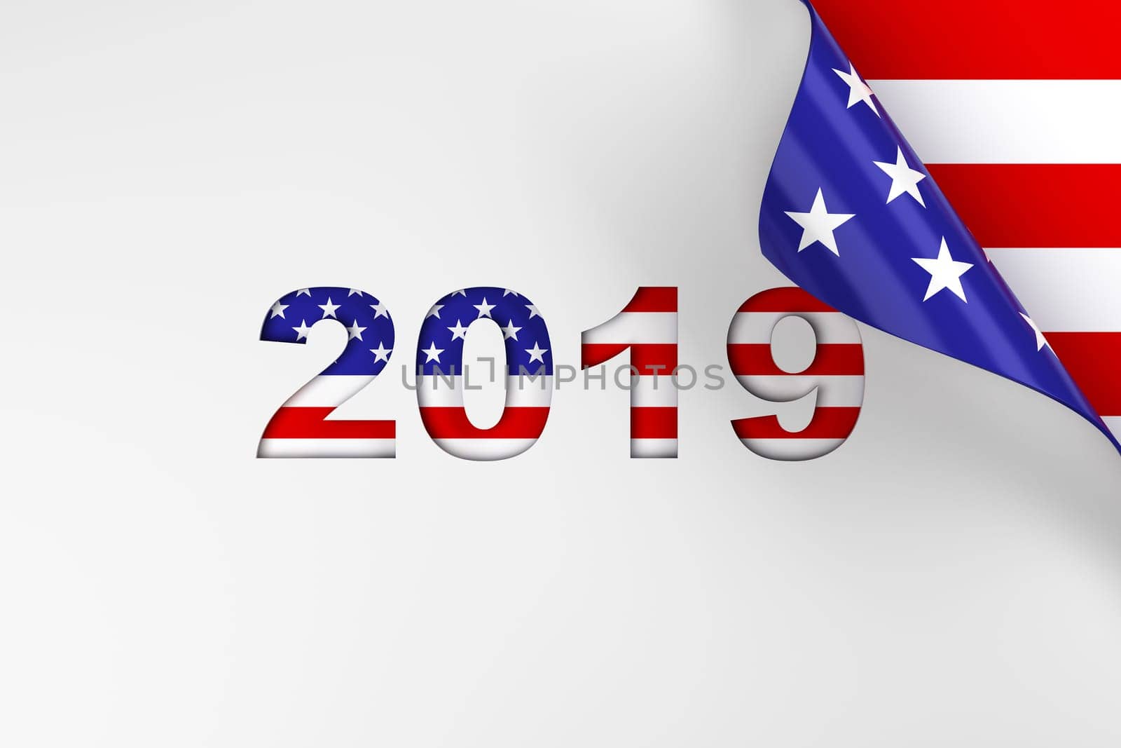 2019 in red, white, and blue American flag colors page turn background. 3d render.