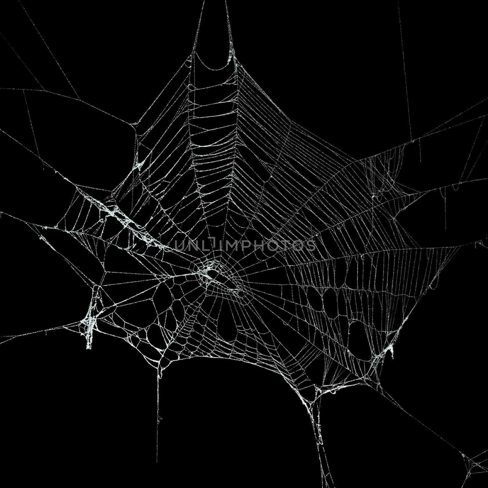 Real frost covered spider web isolated on black