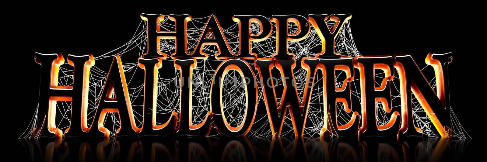 Backlit Happy Halloween text covered in spooky spider webs banner - 3d render
