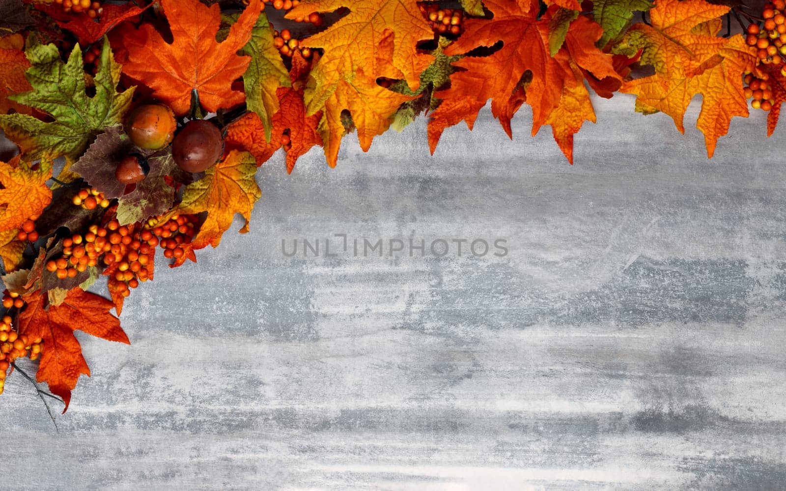 Red, yellow, green, and gold autumn leaves on white washed wooden background