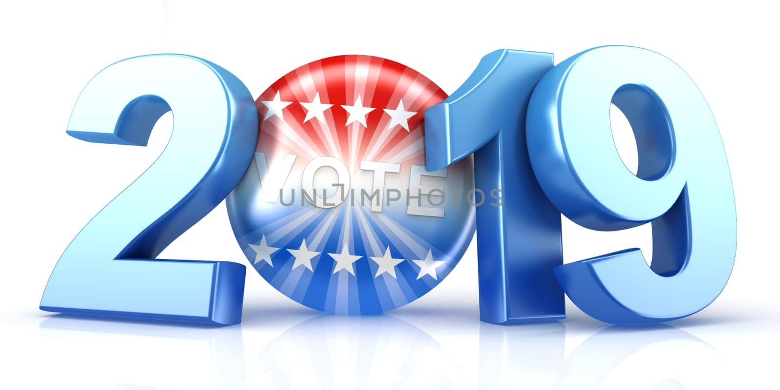 Vote 2019. Red, white, and blue voting pin in 2019 with Vote text. 3d render.