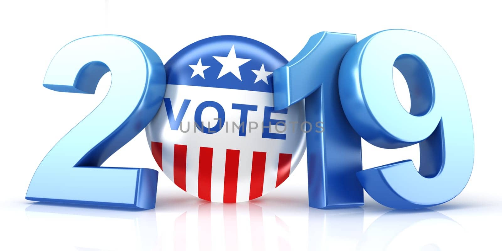 Vote 2019. Red, white, and blue voting pin in 2019 with Vote text. 3d render.