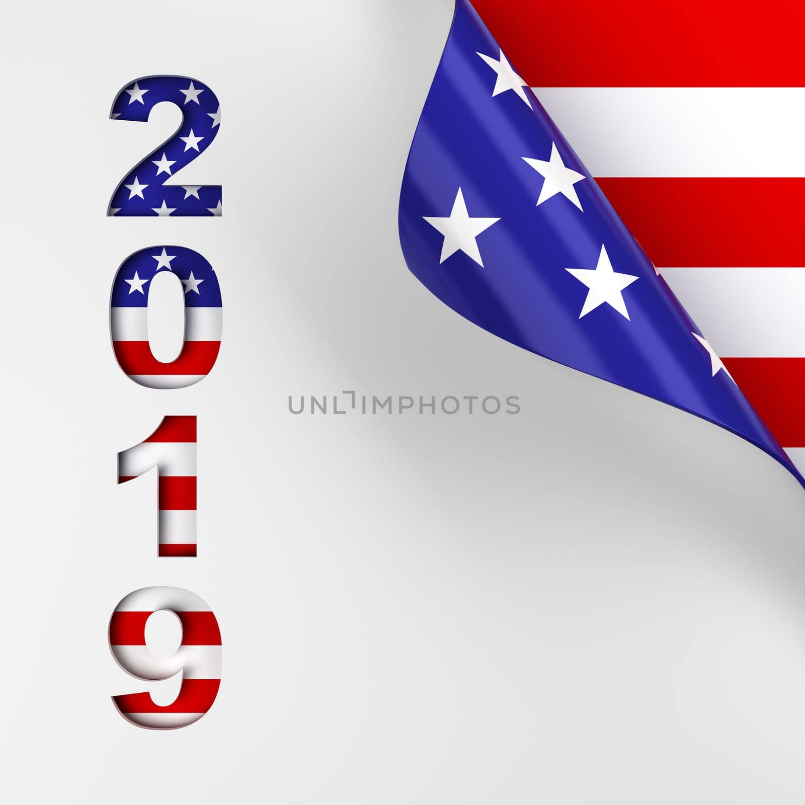 2019 in red, white, and blue American flag colors page turn background. 3d render.