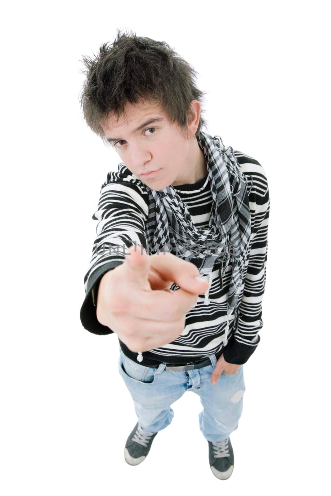 young casual man full body pointing, isolated on white
