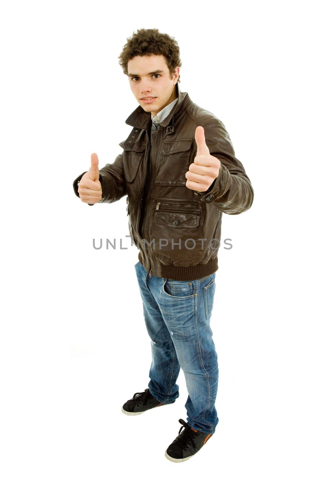 young casual man going thumbs up in a white background