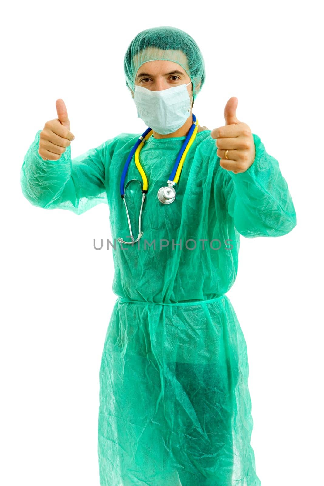 young male doctor going thumbs up, isolated on white