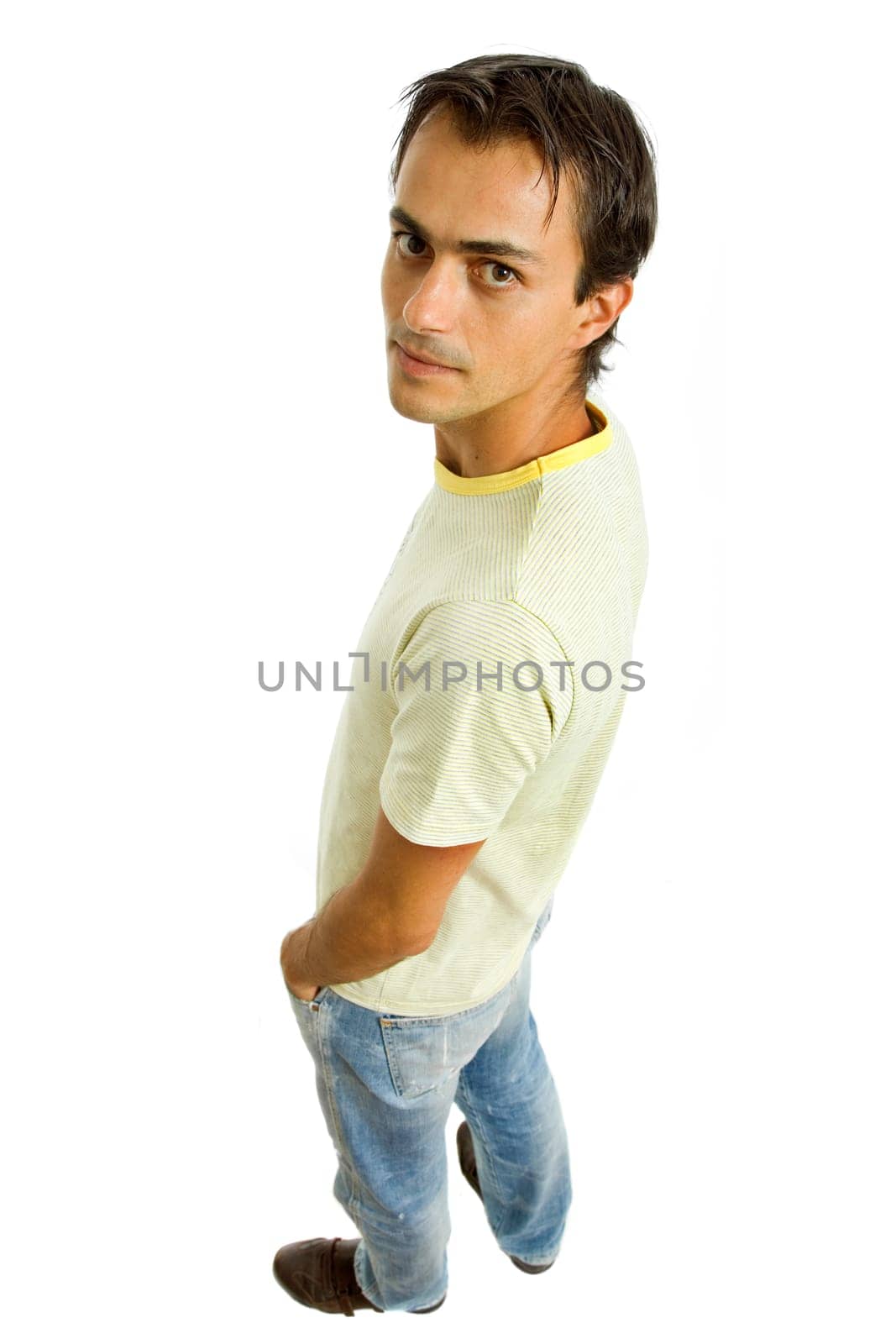 young casual man full body in a white background