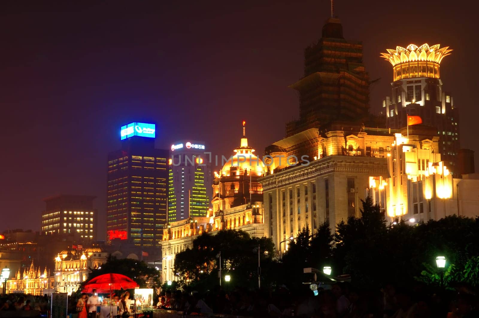 The night view of Shanghai Bund, where the commerical buildings are of vintage structure.
