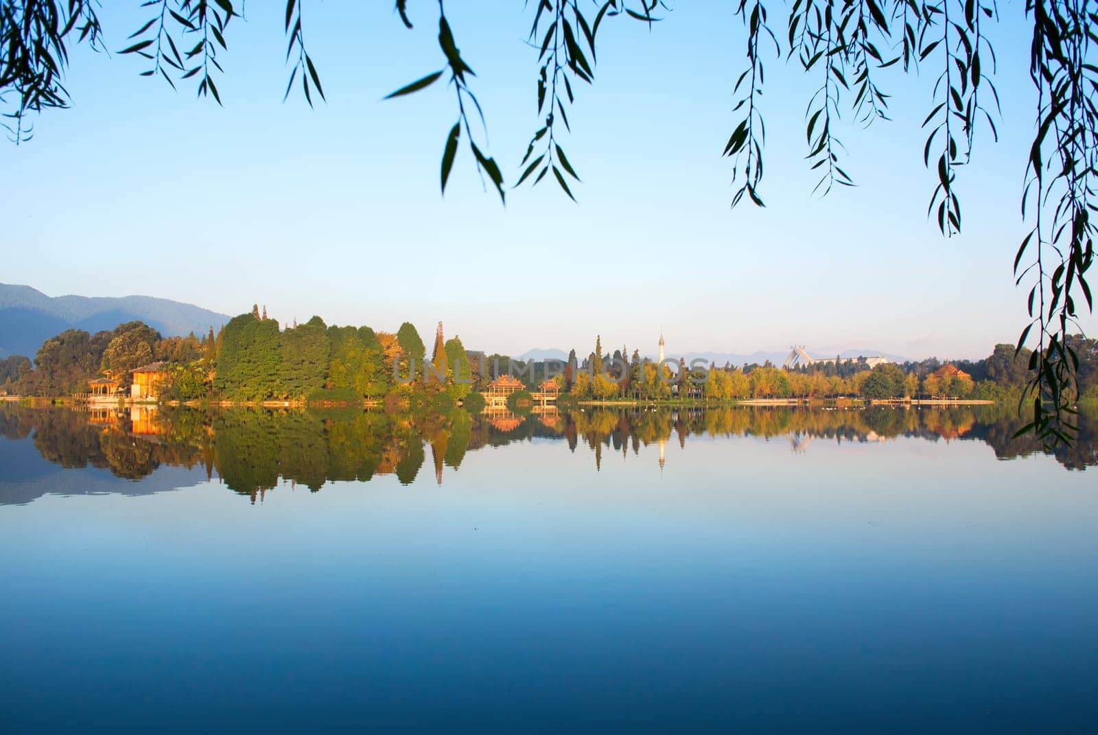 The reflection of forest, pagoda and hut