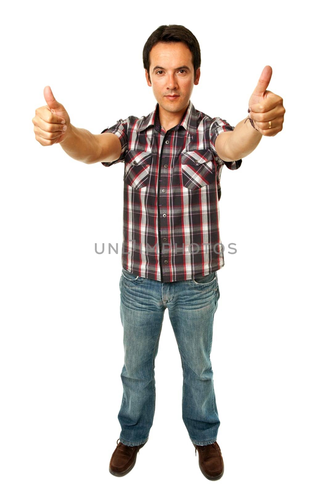 young casual man going thumbs up in a white background