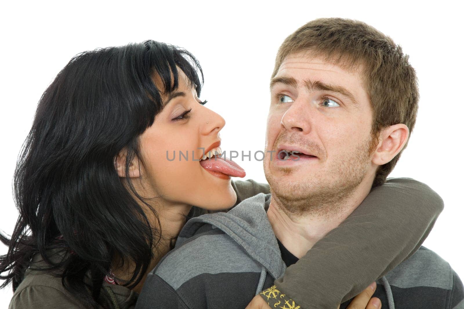 young casual couple together, isolated on white background