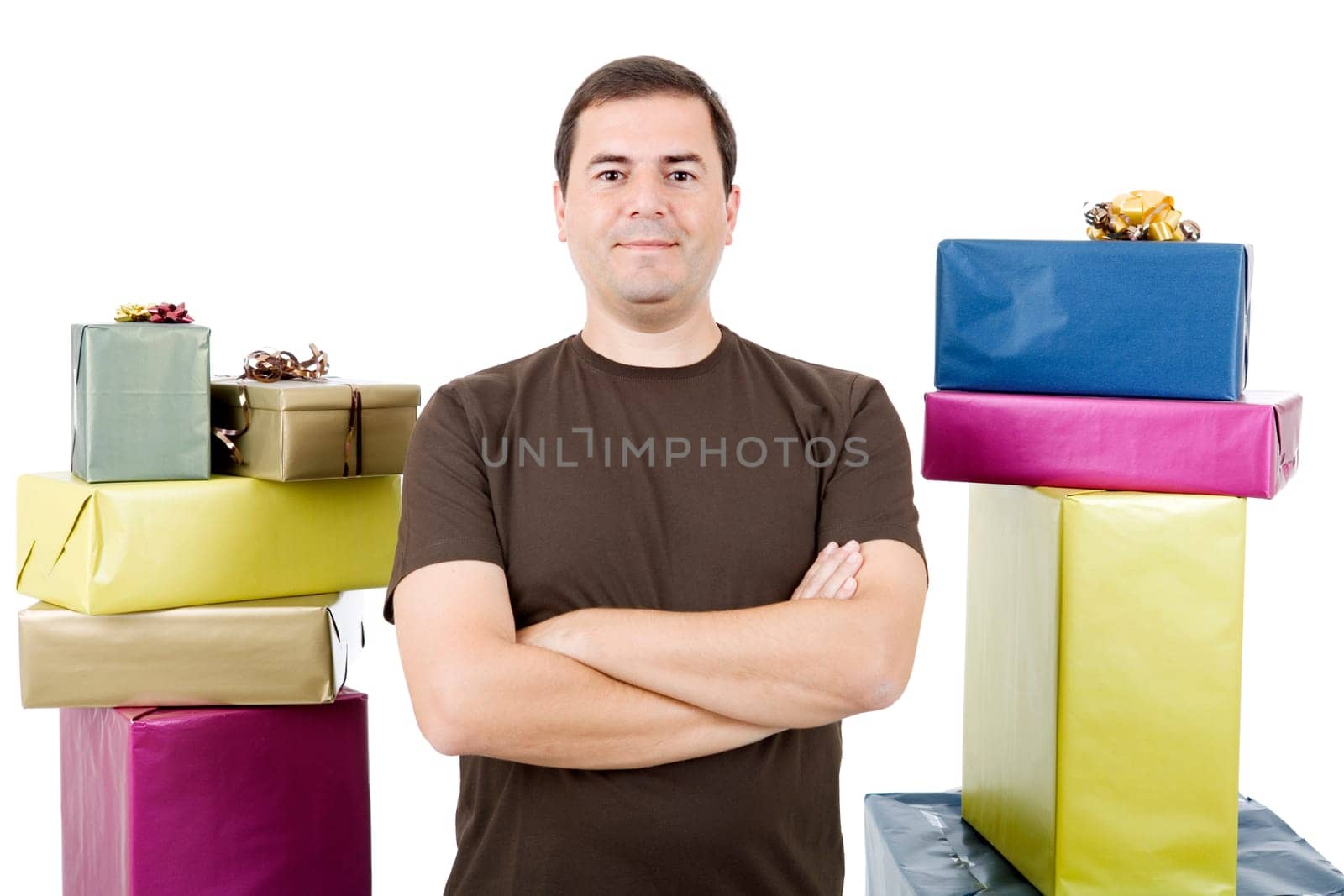 happy silly salesman with some boxes, isolated on white