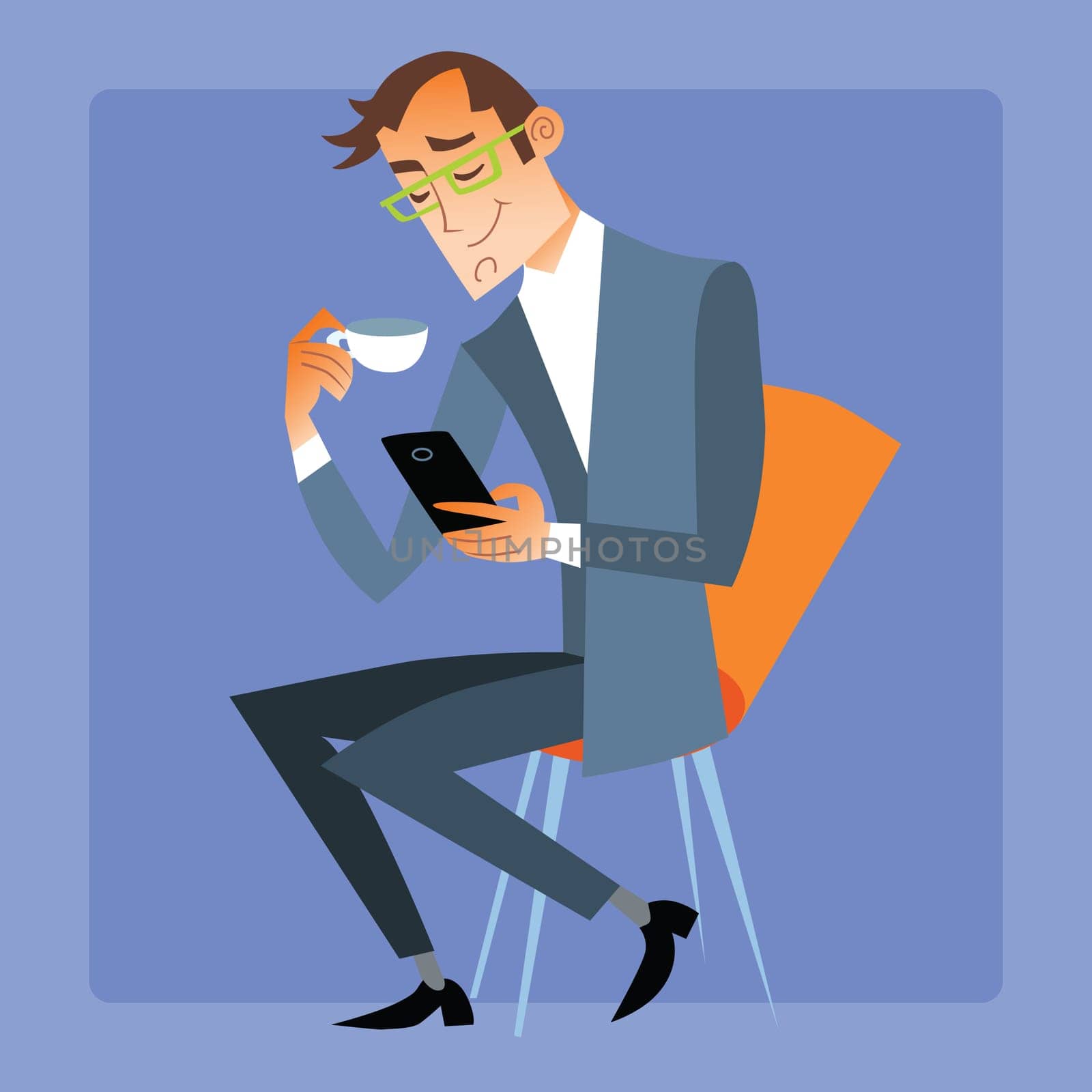 Modern technology and communication. Businessman at Seagull tea or coffee reads the message on your phone