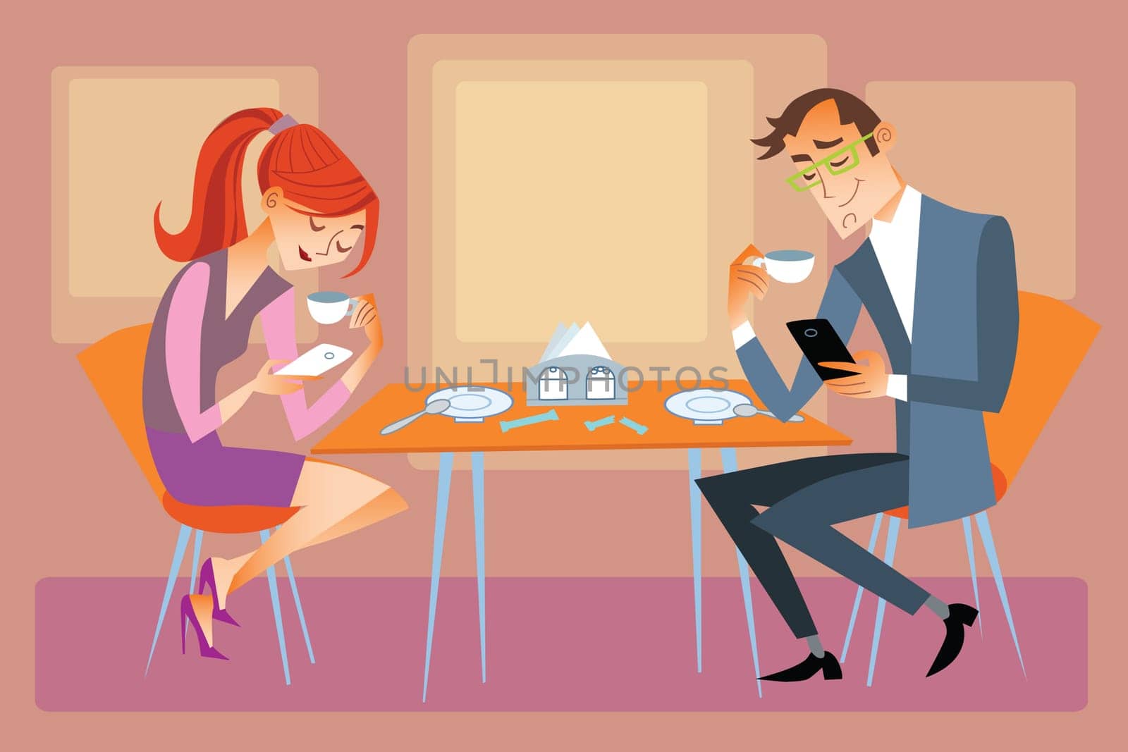 New technologies and family. Husband and wife are sitting at the dining table and not talk, but looking at their phones