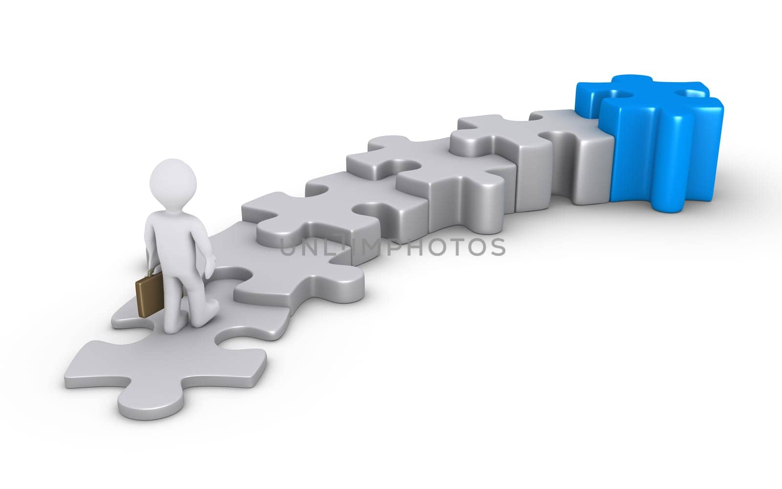 3d businessman is walking to the top of the higher puzzle piece