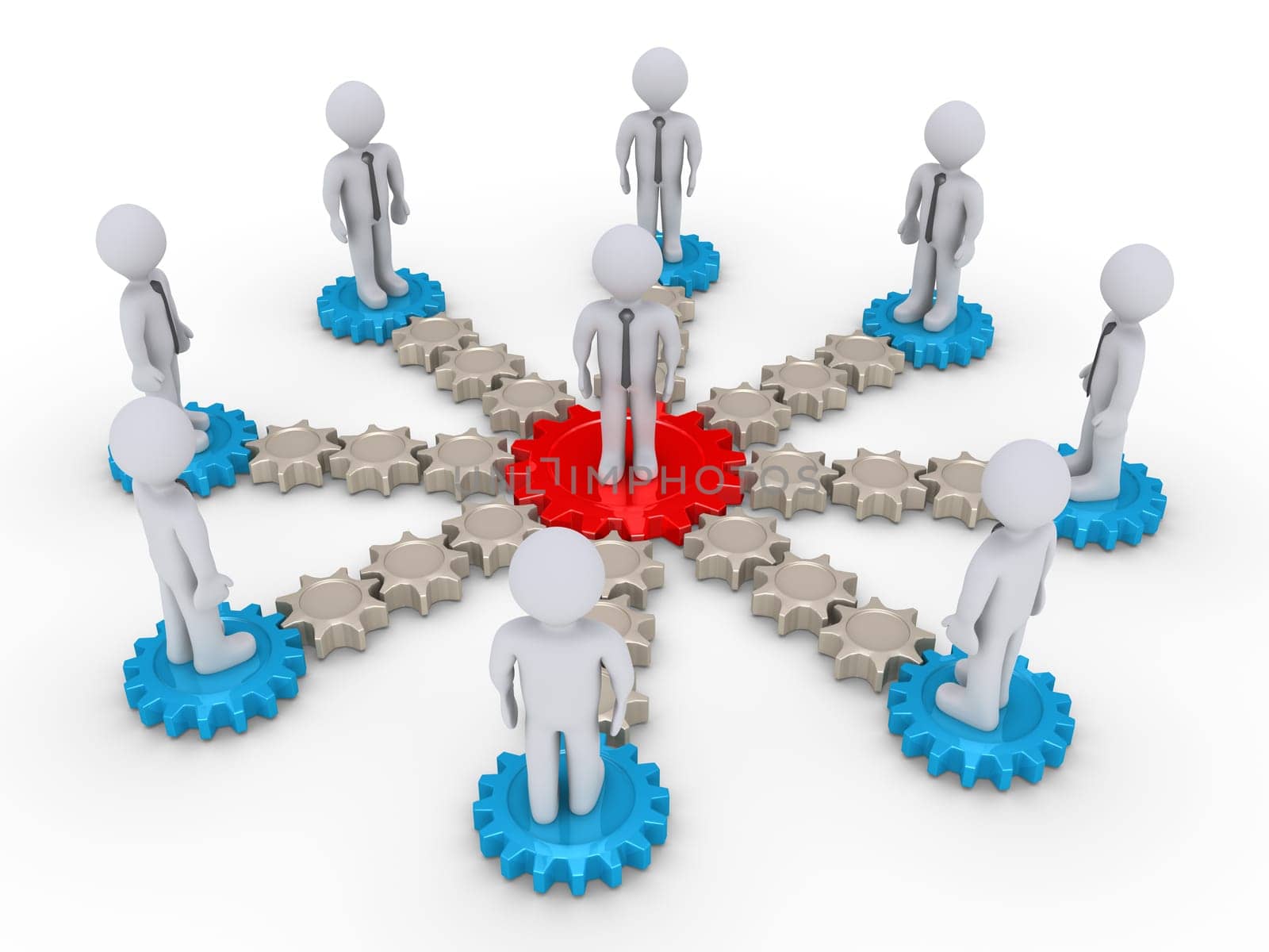 3d businessmen are on cogwheels connected to the leader in the middle