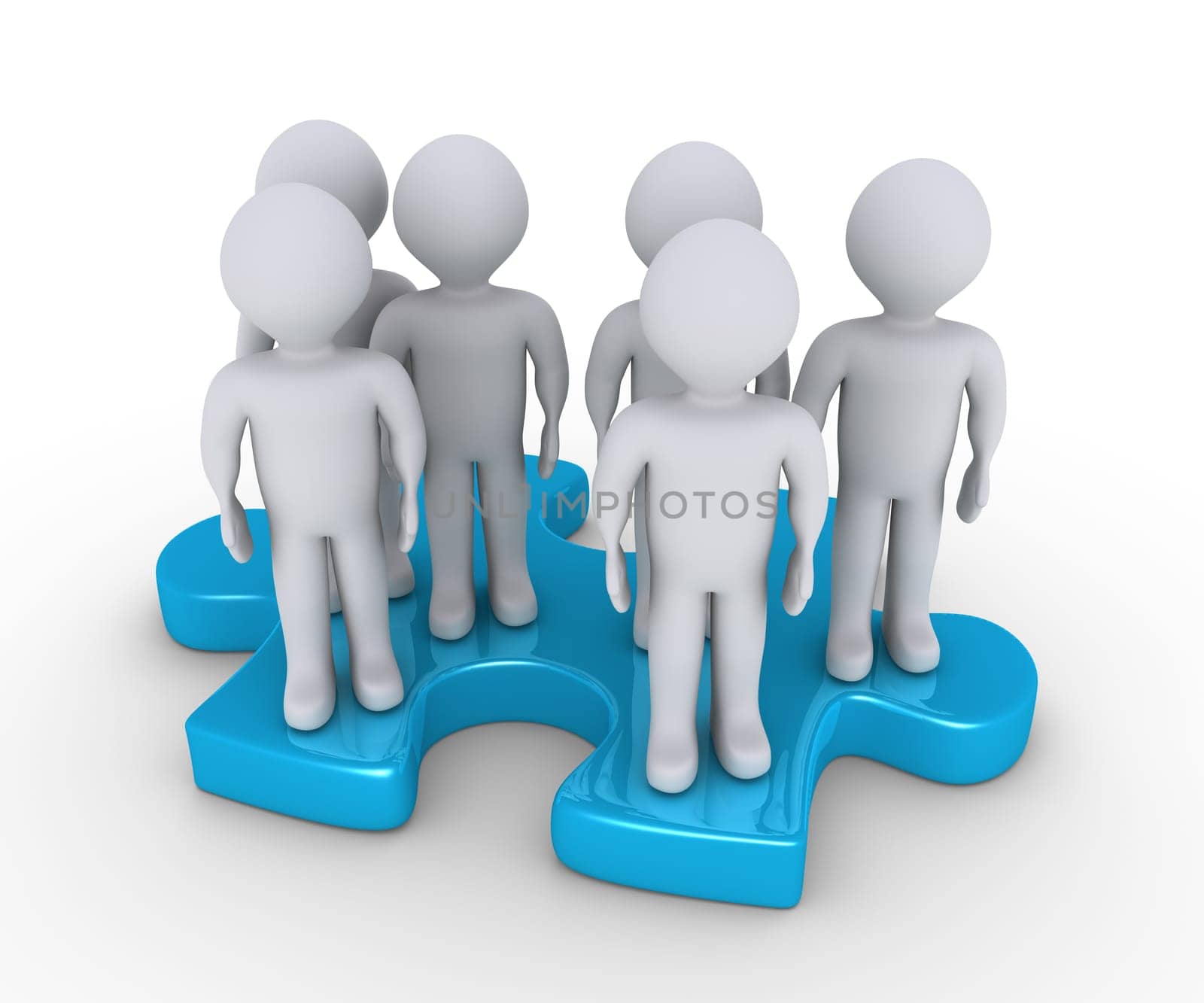A group of people are standing on a puzzle piece