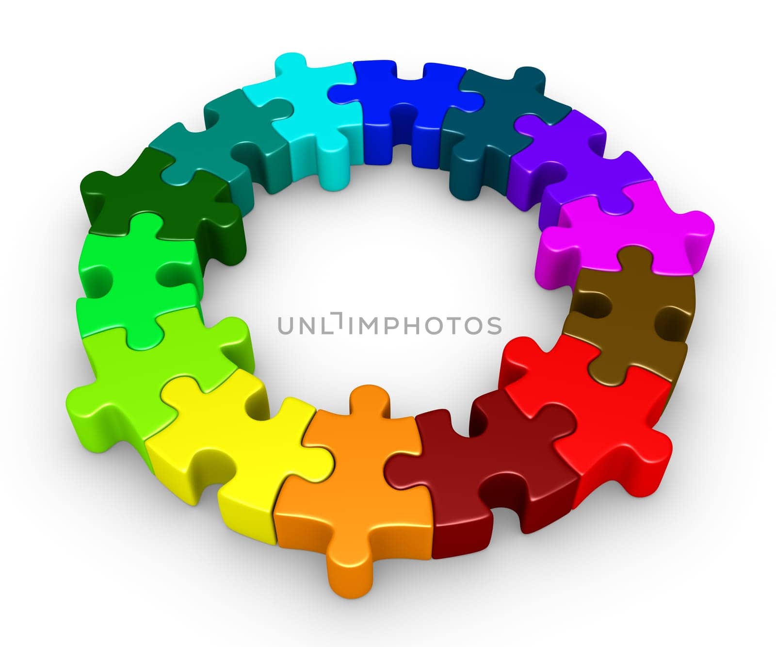Different colored puzzle pieces are connected forming a circle