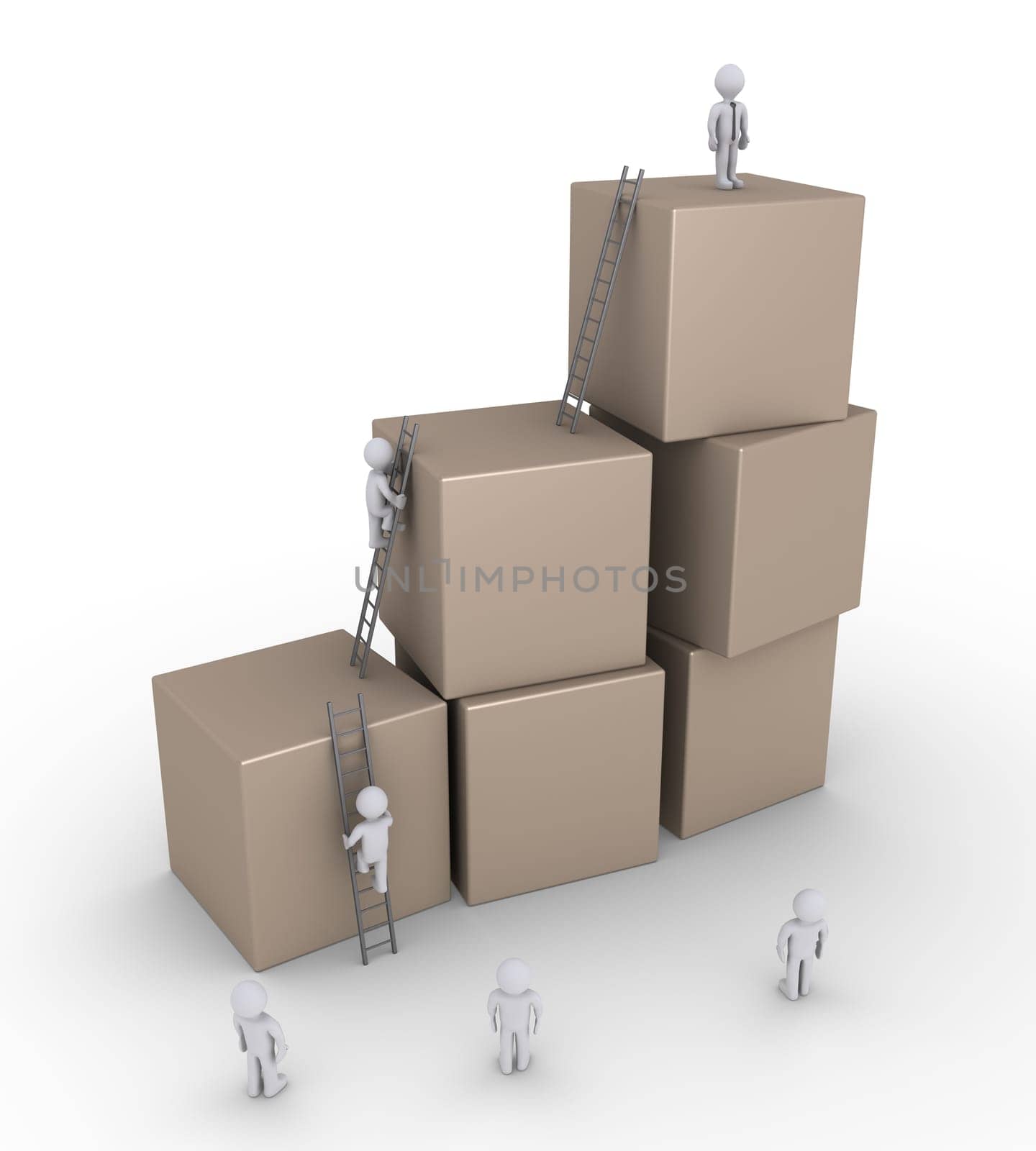 3d businessmen trying to get on top of blocks using ladders