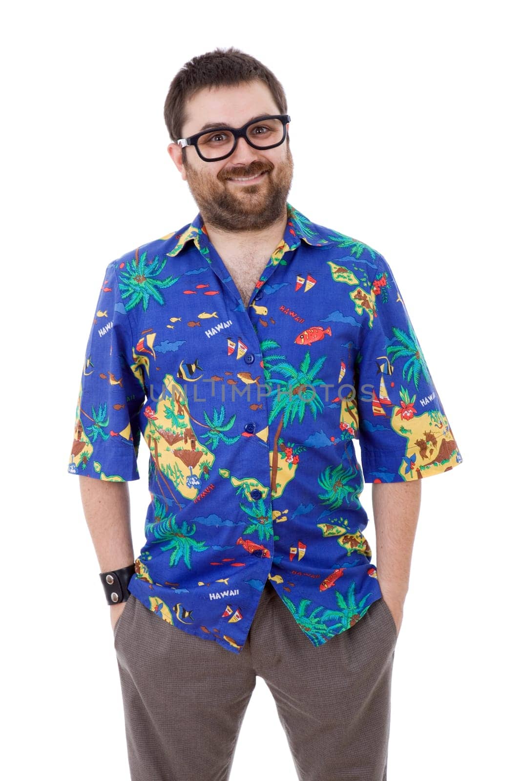 young silly man with a hawaiian shirt, isolated