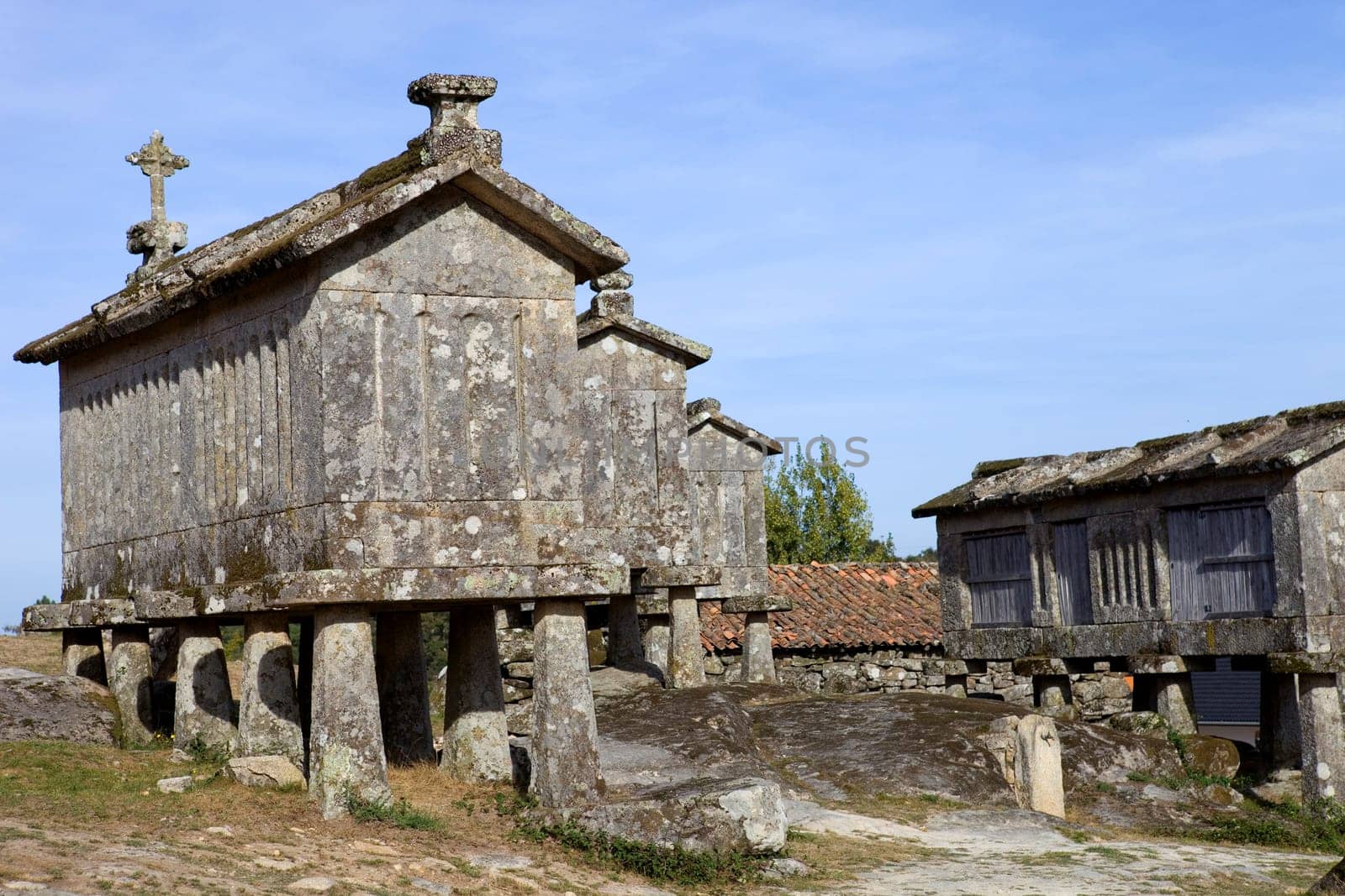 Typical stone corn driers, called Espigueiros in Lindoso, north of Portugal.