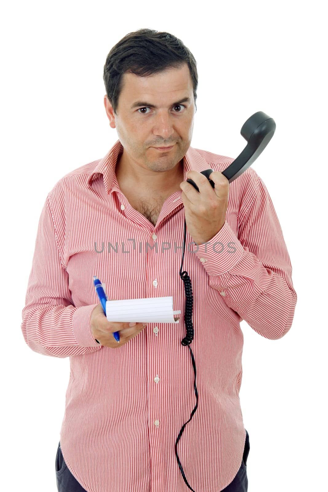 young man with a phone, isolated on white