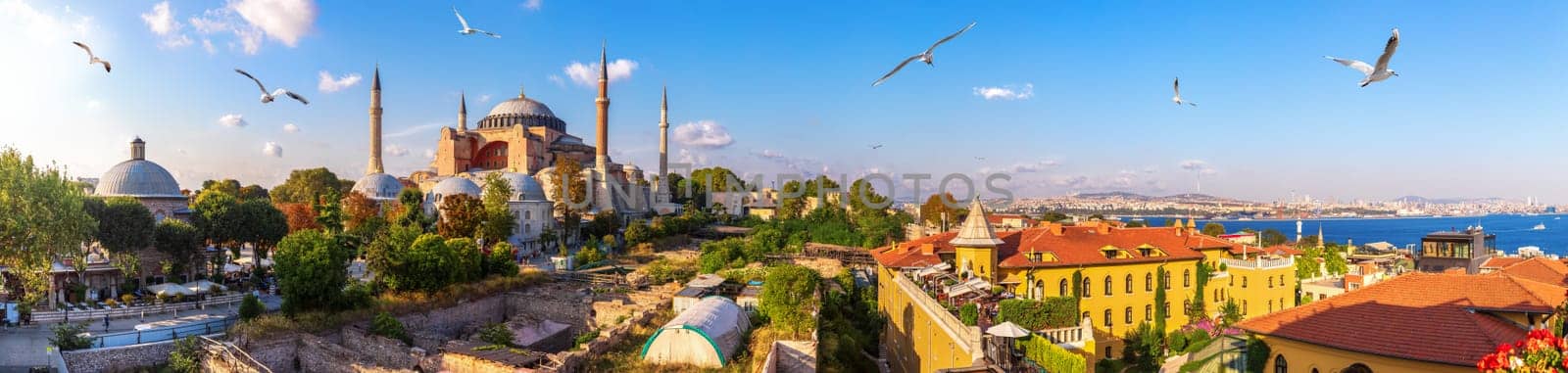 Hagia Sofia, old Turkish Hammam and the Bosphorus, beautiful Istanbul panorama.