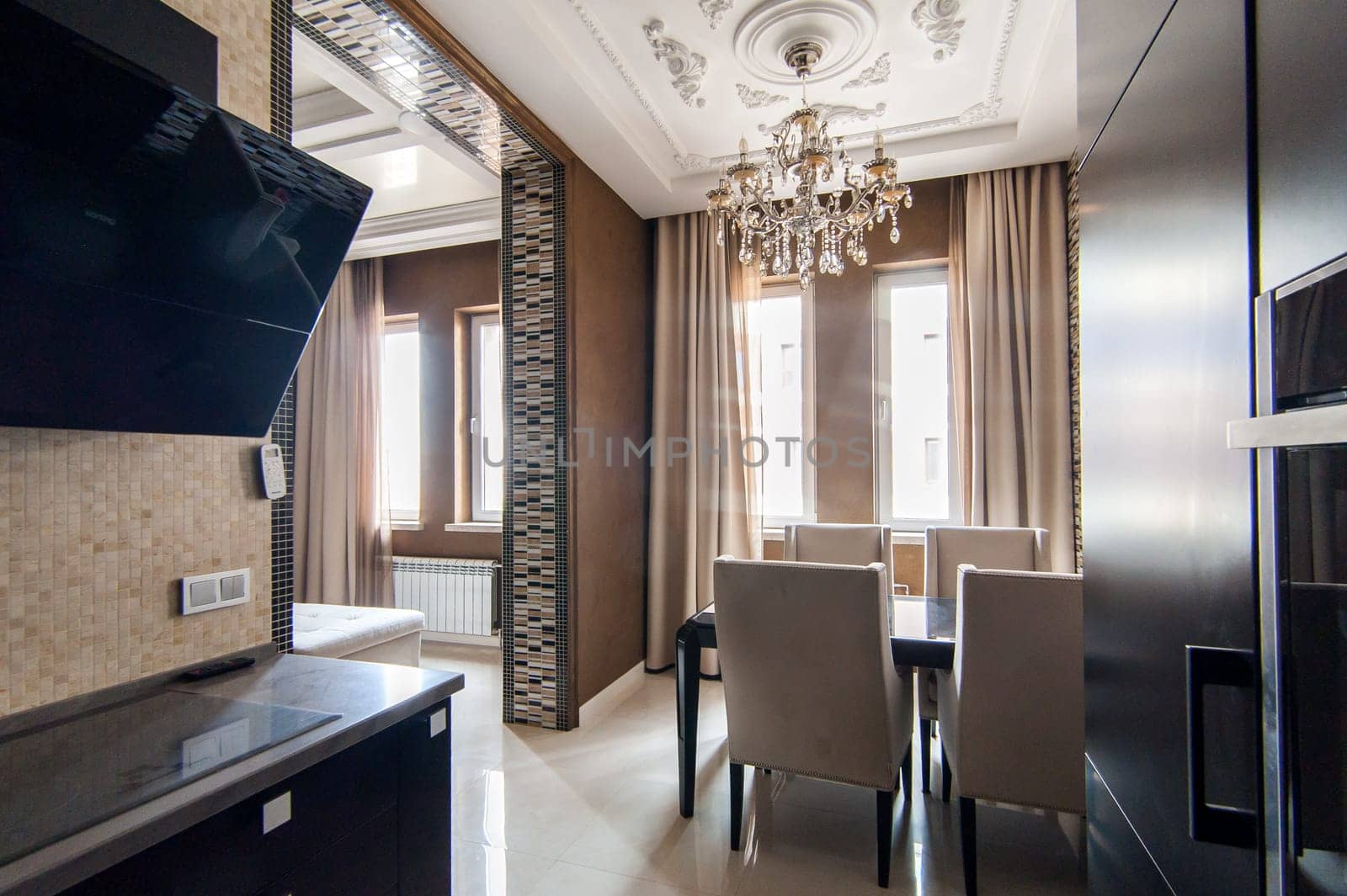 Russia, Moscow- May 12, 2018: interior room apartment. standard repair decoration in hostel. kitchen and dining room