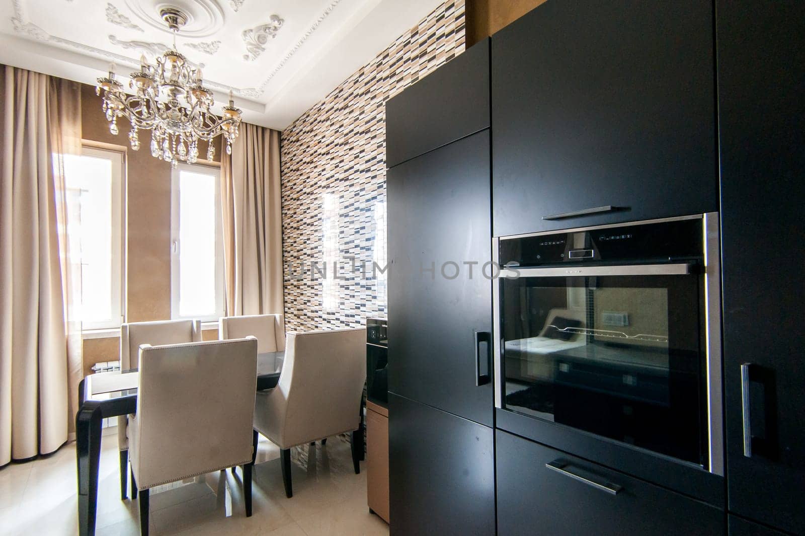 Russia, Moscow- May 12, 2018: interior room apartment. standard repair decoration in hostel. kitchen and dining room