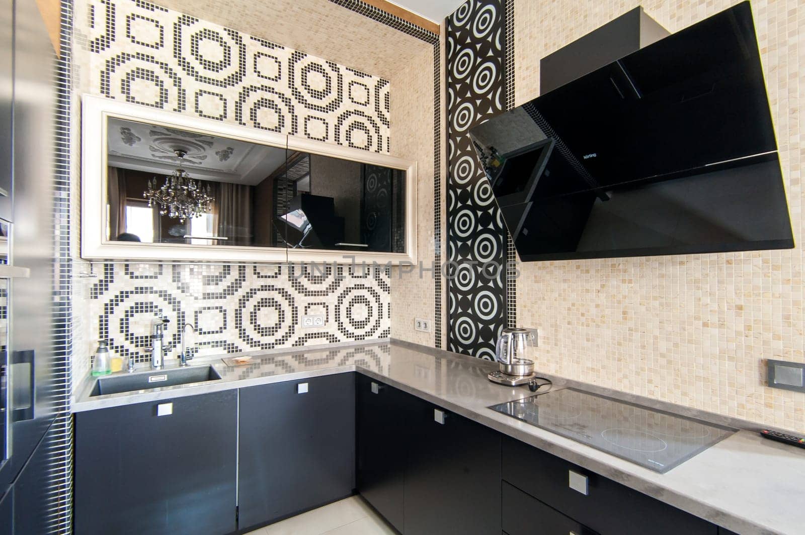 Russia, Moscow- May 12, 2018: interior room apartment. standard repair decoration in hostel. kitchen and dining room