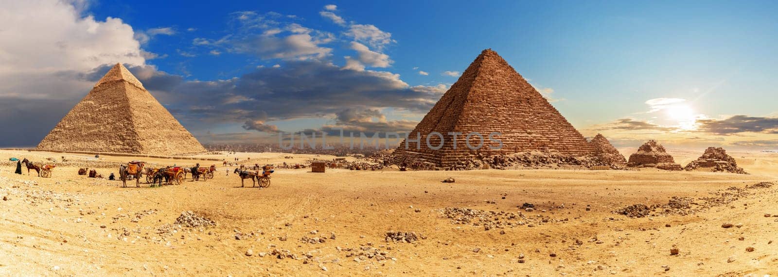 The Pyramid of Khafre and the Pyramid of Menkaure with small Pyramids, Giza complex panorama, Egypt.