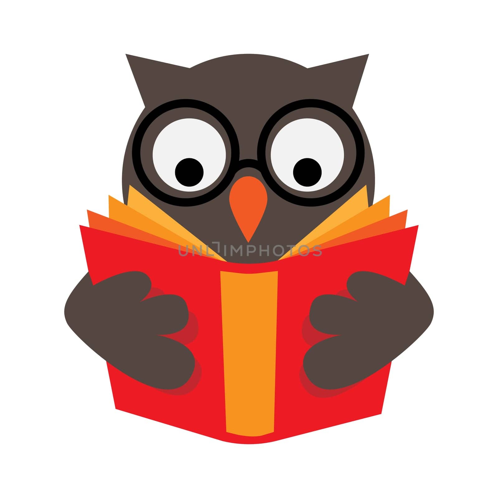 Owl with eyeglasses is reading red book, wisdom and education concept and symbol.