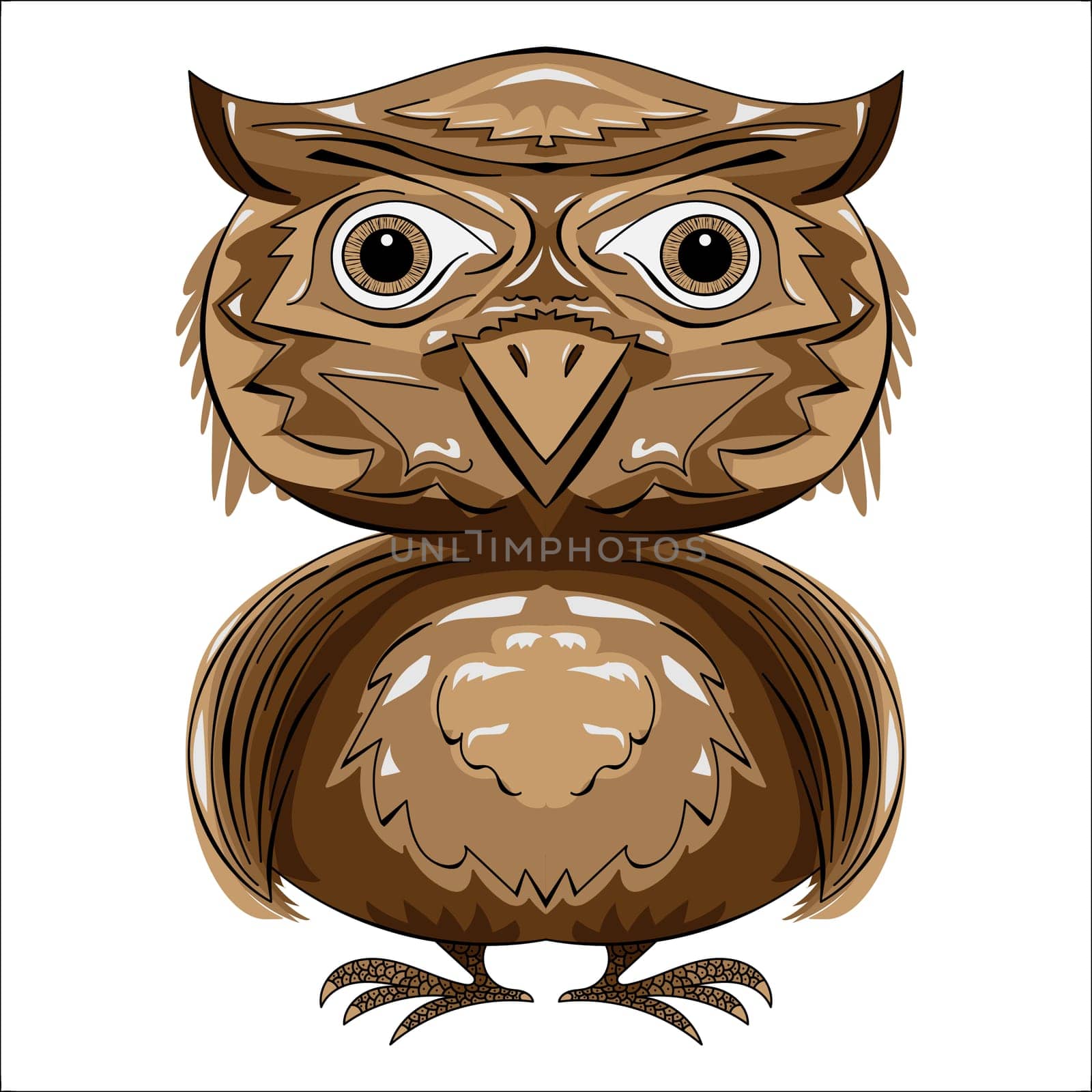 Stylized brown owl symmetrical front view vector.