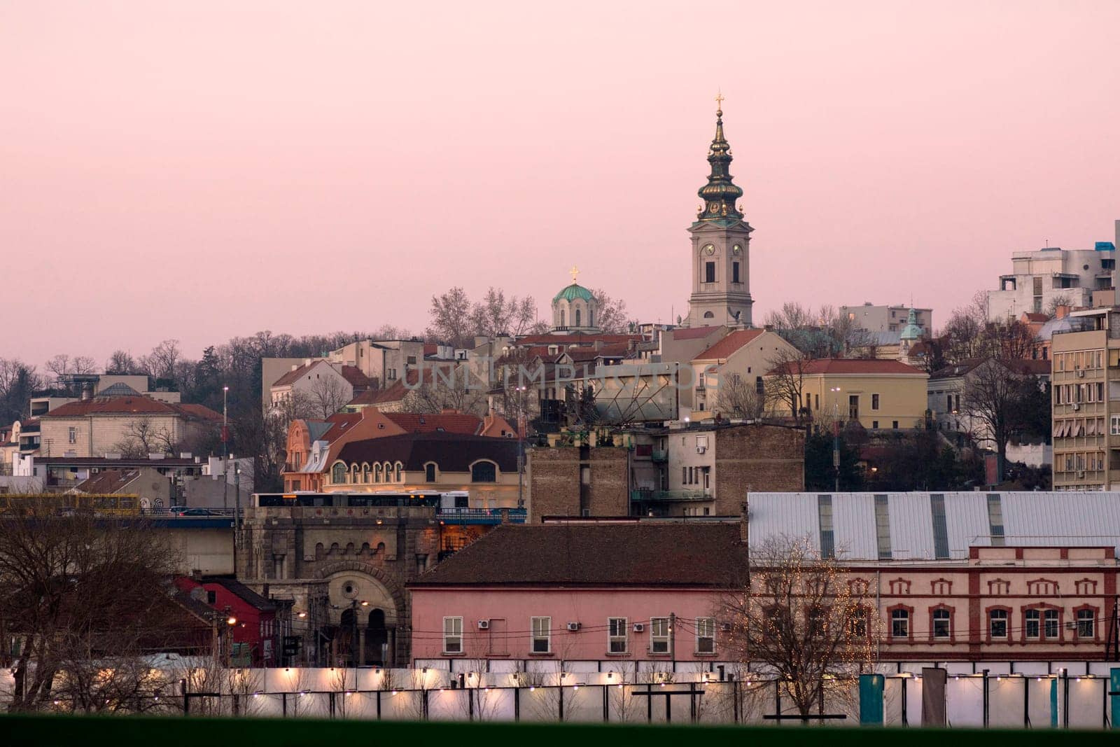 Cityscape of Belgrade city in Serbia at sunset.