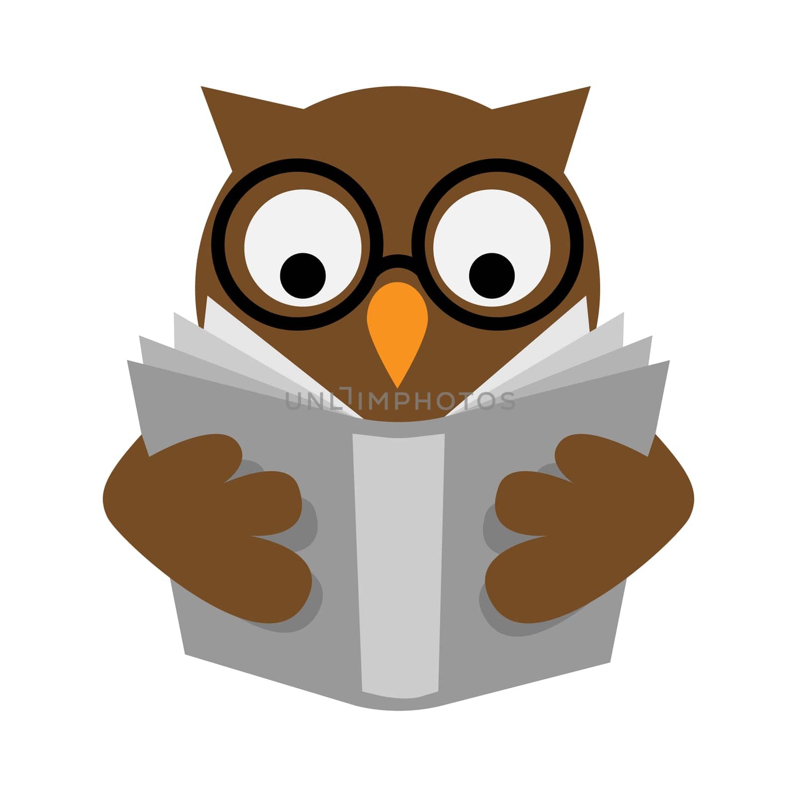 The wise brown owl with eyeglasses is reading a gray book, wisdom or education concept.