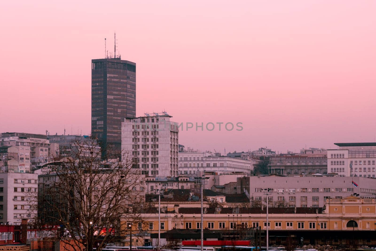 Belgrade cityscape in Serbia at sunset light.