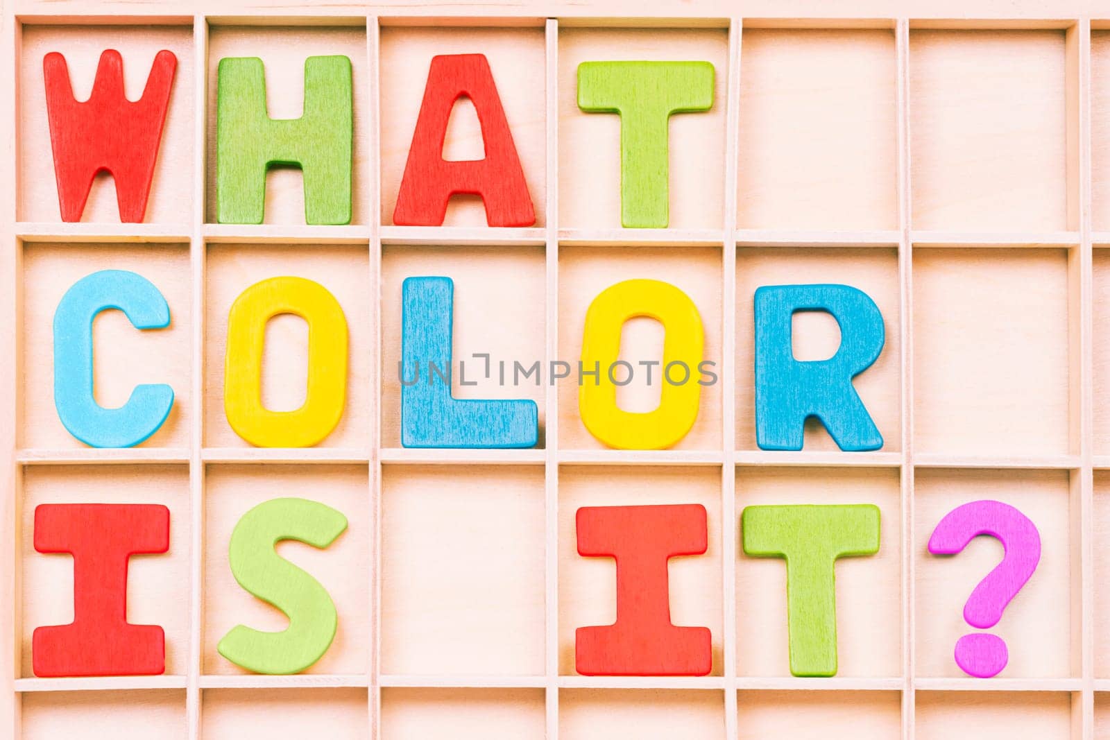 WHAT COLOR IS IT? text from different colors on wooden board, learning colors for kids.