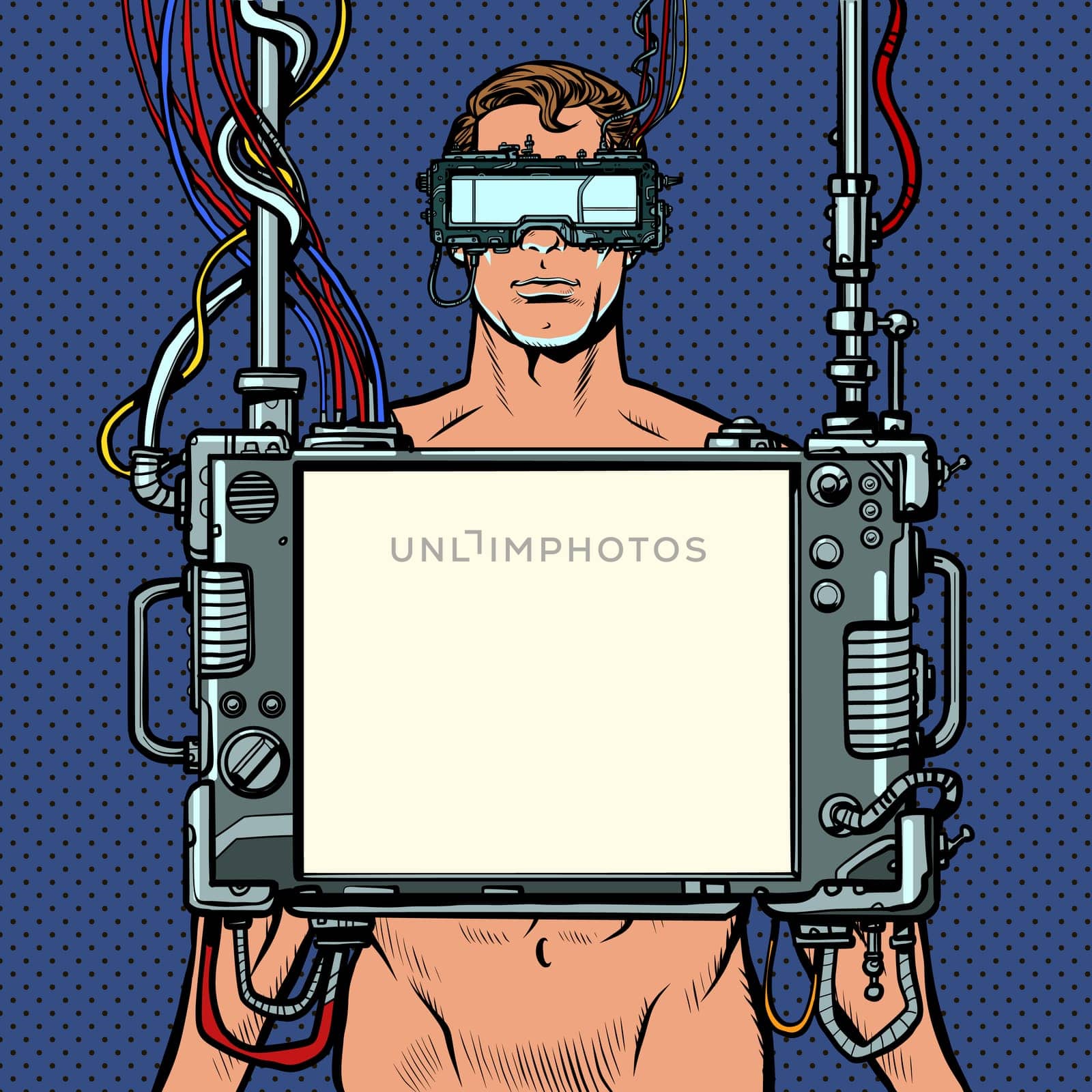 medical research. Cyberpunk naked man virtual reality concept. Pop art retro vector illustration drawing vintage kitsch