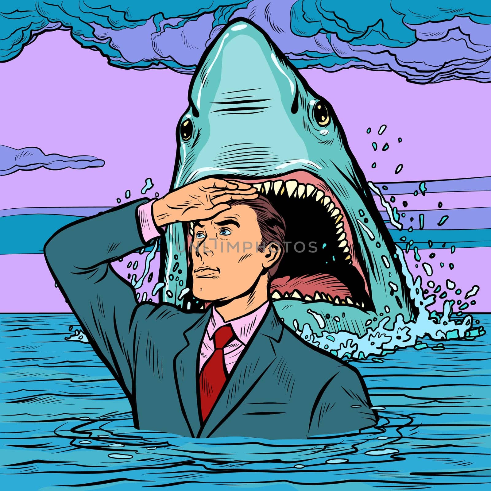 A successful businessman is not afraid of a shark attack. Calm and confidence. Pop art retro vector illustration drawing
