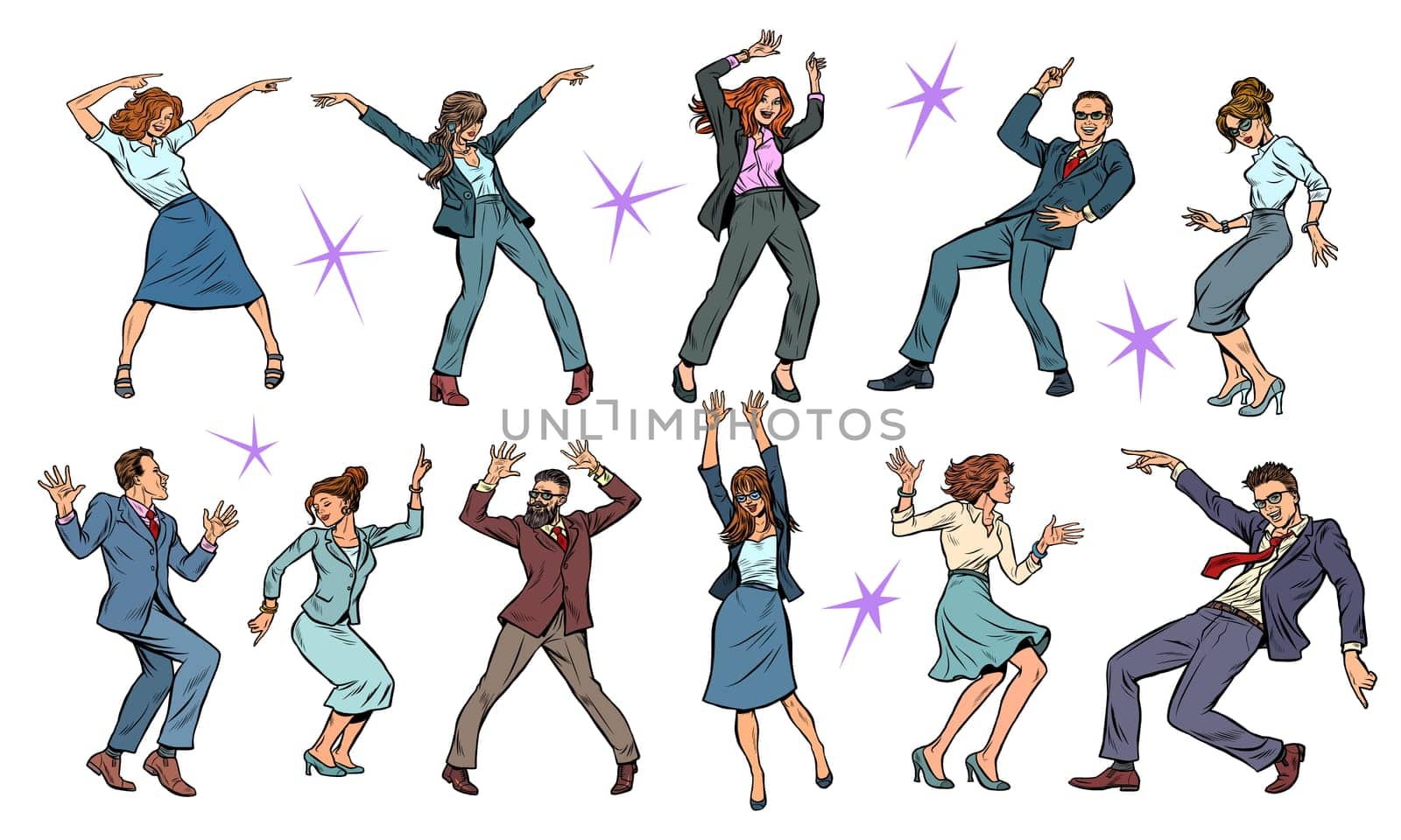 set collection of dancing business people. men and women. Pop art retro vector illustration drawing