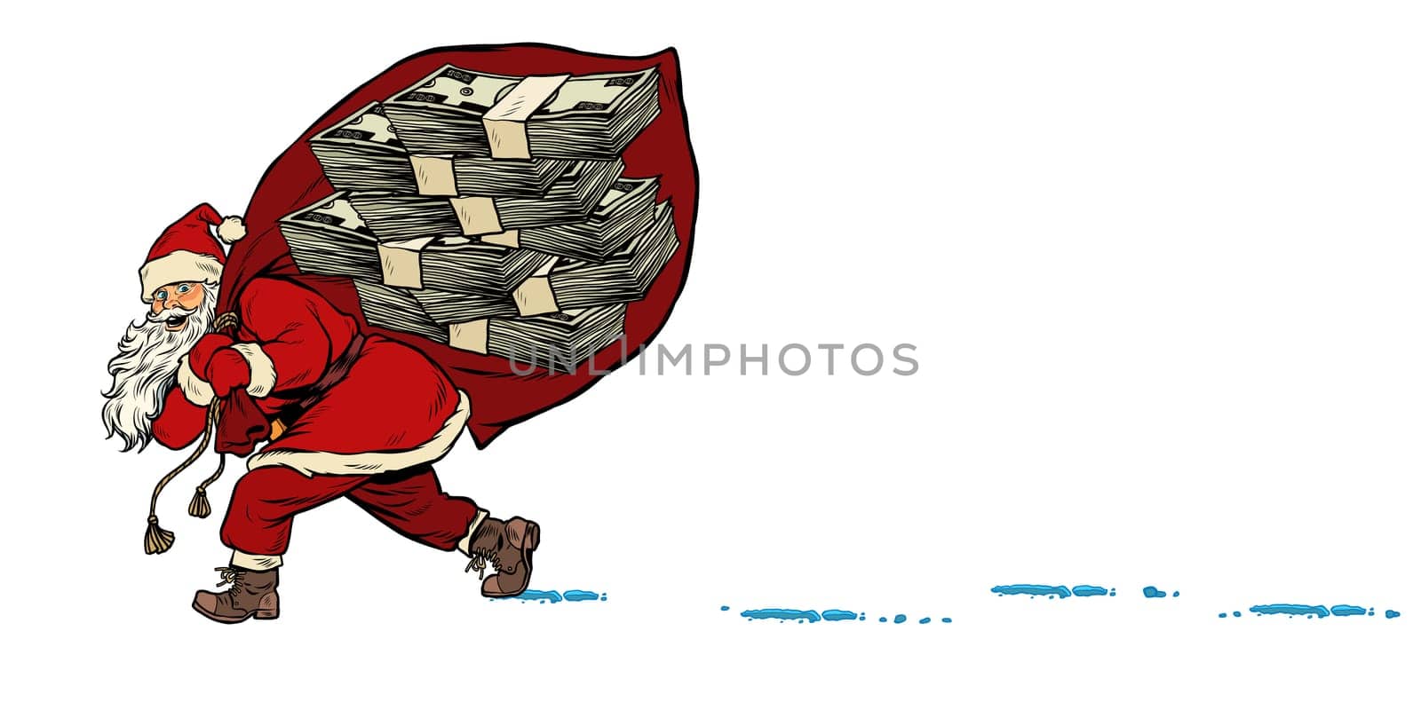 Santa with a bag of dollars money prize. Christmas and New year. Pop art retro vector illustration kitsch vintage drawing