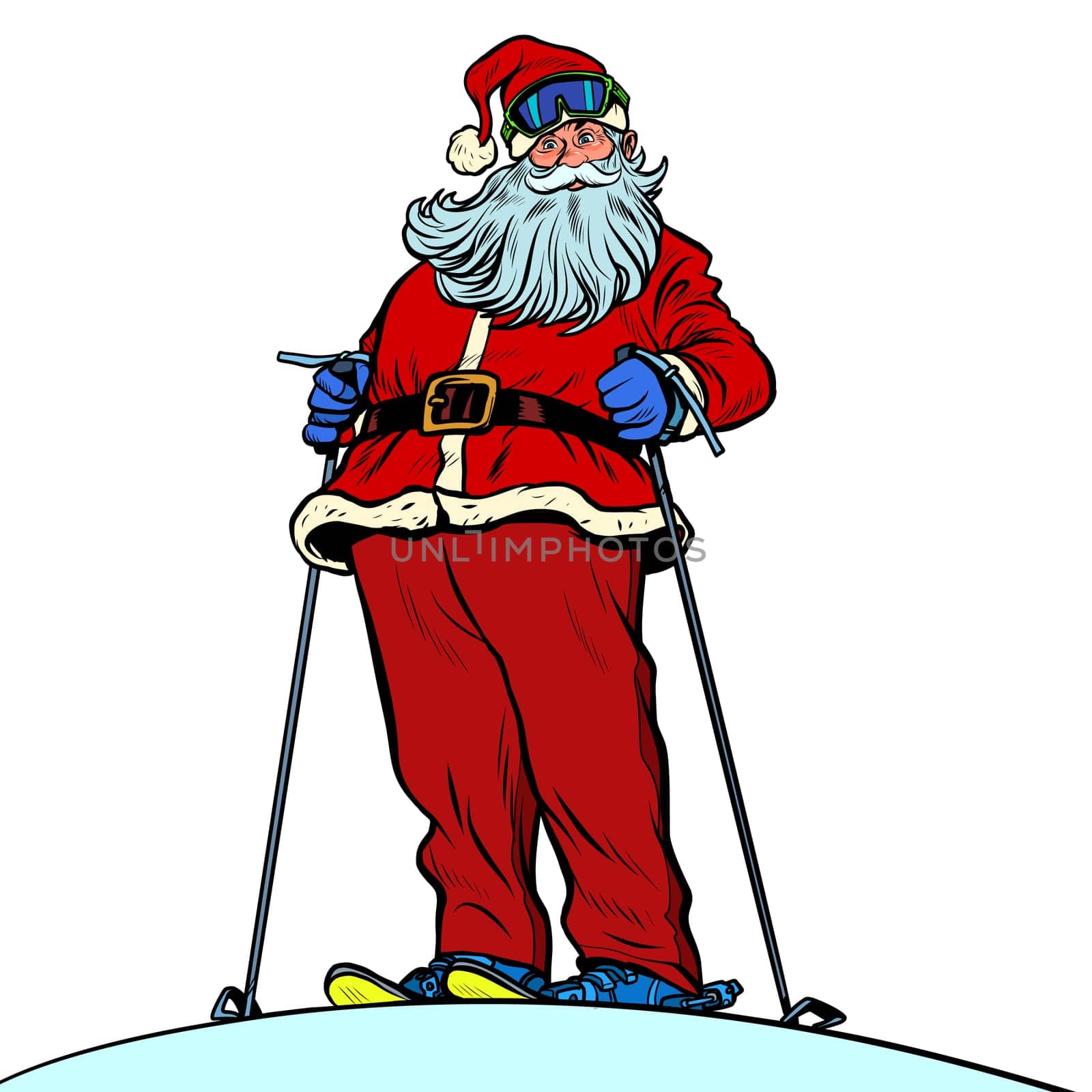 Santa Claus character on snow mountain merry Christmas and happy new year. Pop art retro vector illustration vintage kitsch drawing 50s 60s